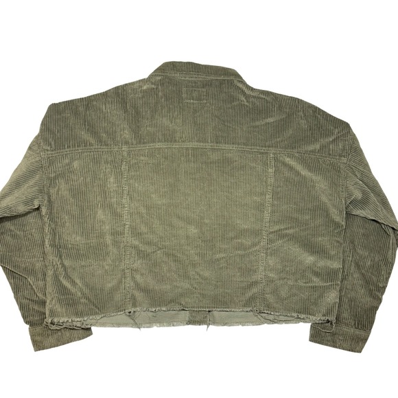 American Eagle Corduroy Cropped Shacket Olive Green Womens Medium Frayed Hem‎ - Picture 2 of 8